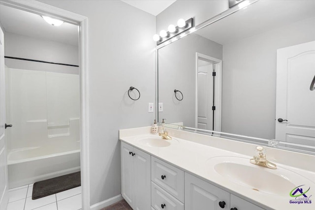 bathroom featuring washtub / shower combination, tile patterned floors, and vanity