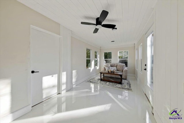 interior space featuring ceiling fan and wood ceiling