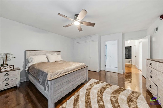 bedroom featuring ceiling fan, a closet, and dark wood-type flooring