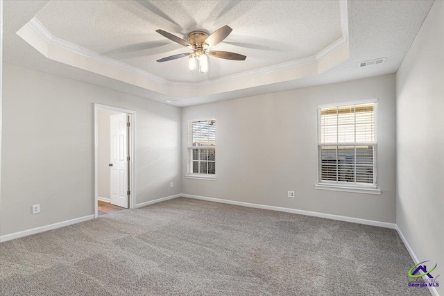 spare room featuring light carpet, ceiling fan, a raised ceiling, a textured ceiling, and ornamental molding