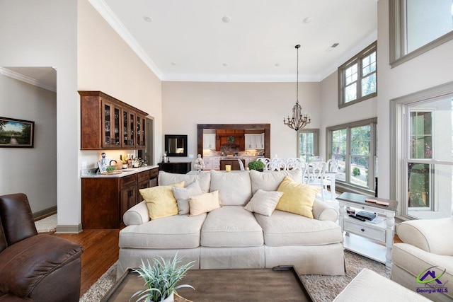 living room featuring bar, an inviting chandelier, ornamental molding, hardwood / wood-style flooring, and a towering ceiling