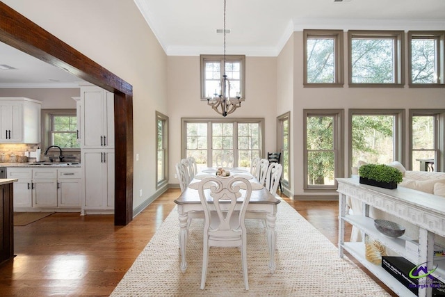 dining area with sink, a chandelier, ornamental molding, a towering ceiling, and light hardwood / wood-style floors