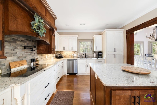 kitchen with white cabinets, stainless steel dishwasher, black electric stovetop, and backsplash