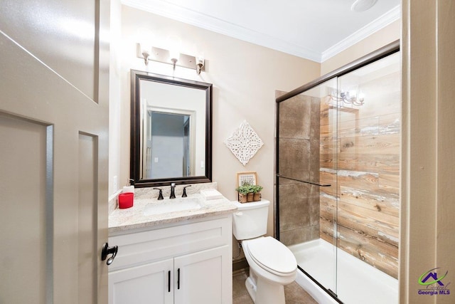 bathroom featuring crown molding, vanity, toilet, and walk in shower