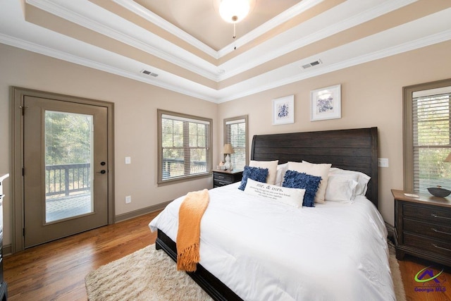 bedroom with a raised ceiling, crown molding, access to outside, and multiple windows