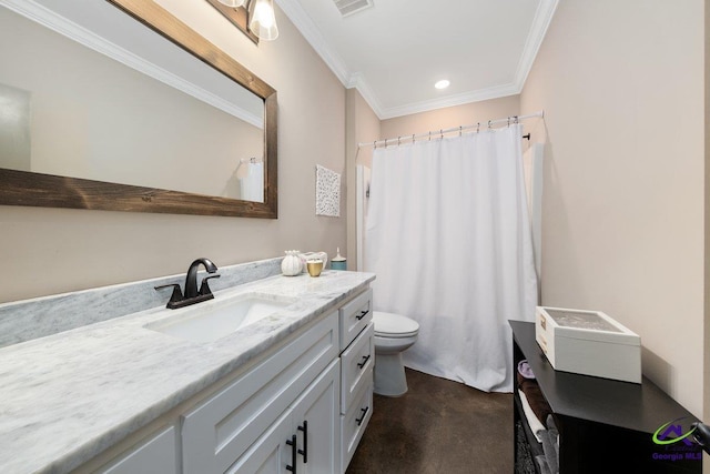 bathroom featuring vanity, a shower with shower curtain, crown molding, and toilet