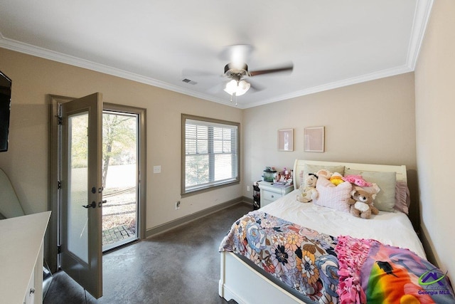 bedroom featuring crown molding, ceiling fan, access to exterior, and french doors