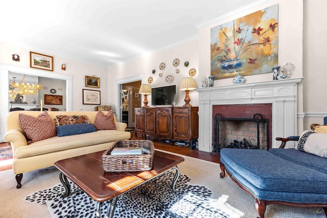 living room with ornamental molding