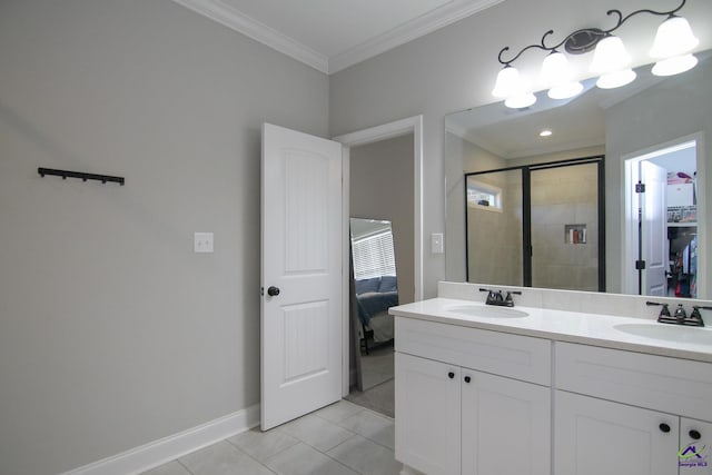 bathroom featuring vanity, tile patterned flooring, ornamental molding, and an enclosed shower