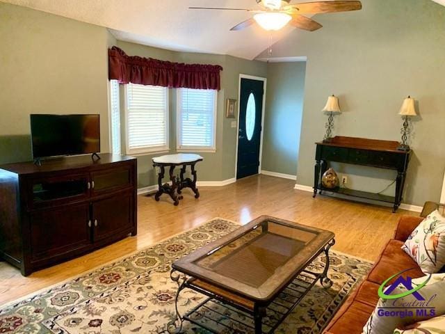 living room with ceiling fan and light hardwood / wood-style flooring