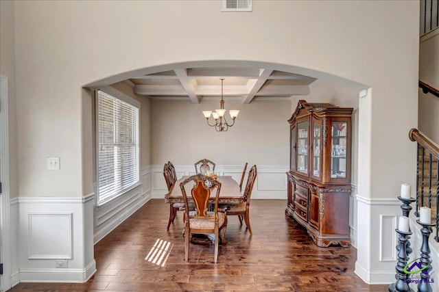 dining room featuring beam ceiling, dark wood-type flooring, coffered ceiling, and a notable chandelier