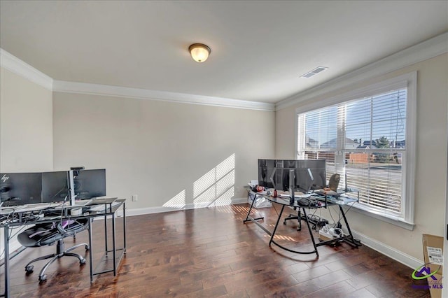 home office featuring dark hardwood / wood-style floors and ornamental molding