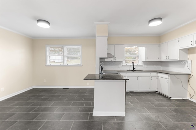 kitchen with decorative backsplash, sink, white cabinets, and range