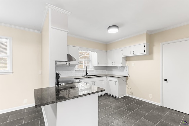 kitchen featuring range, white cabinetry, dark stone counters, decorative backsplash, and sink