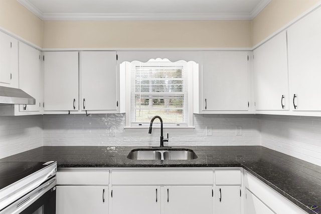 kitchen with white cabinetry, dark stone countertops, decorative backsplash, sink, and ornamental molding