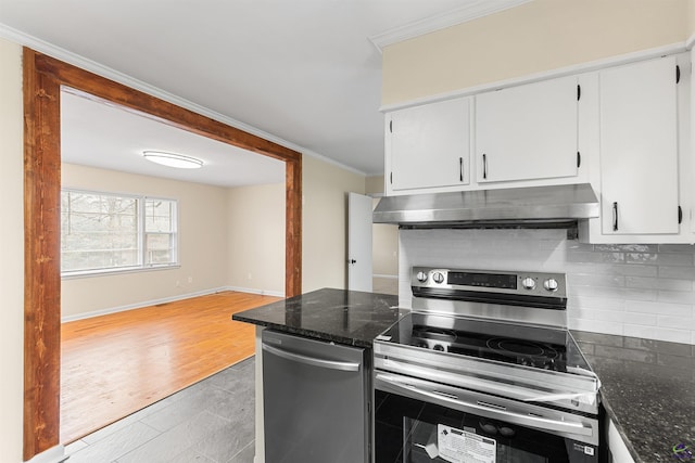 kitchen featuring white cabinets, stainless steel electric range, backsplash, and crown molding