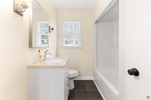 bathroom with toilet, tile patterned flooring, and vanity