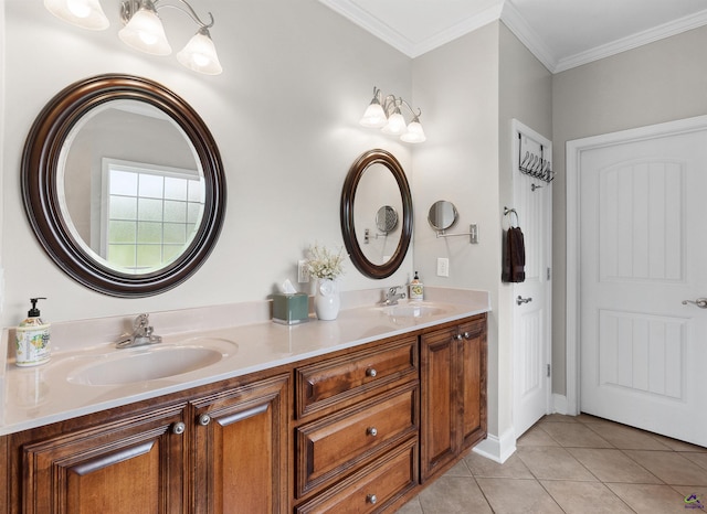 bathroom featuring vanity, ornamental molding, and tile patterned flooring