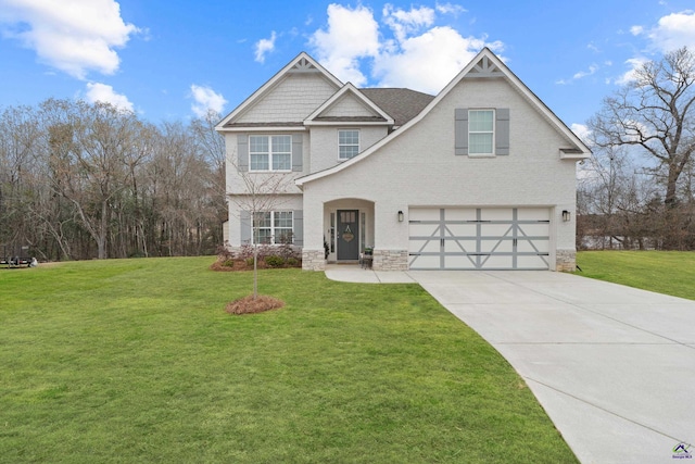 craftsman-style home featuring a garage and a front lawn