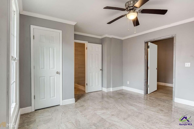 unfurnished bedroom with crown molding and ceiling fan