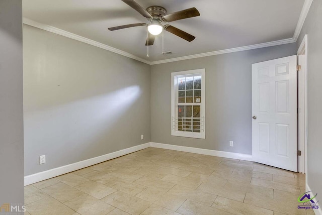 unfurnished room featuring ornamental molding and ceiling fan