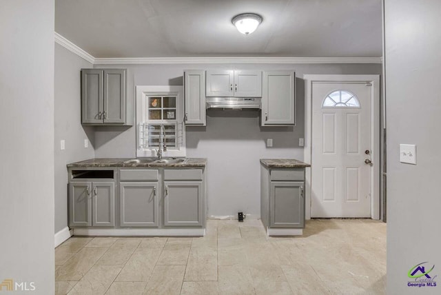 kitchen with sink, gray cabinets, and ornamental molding