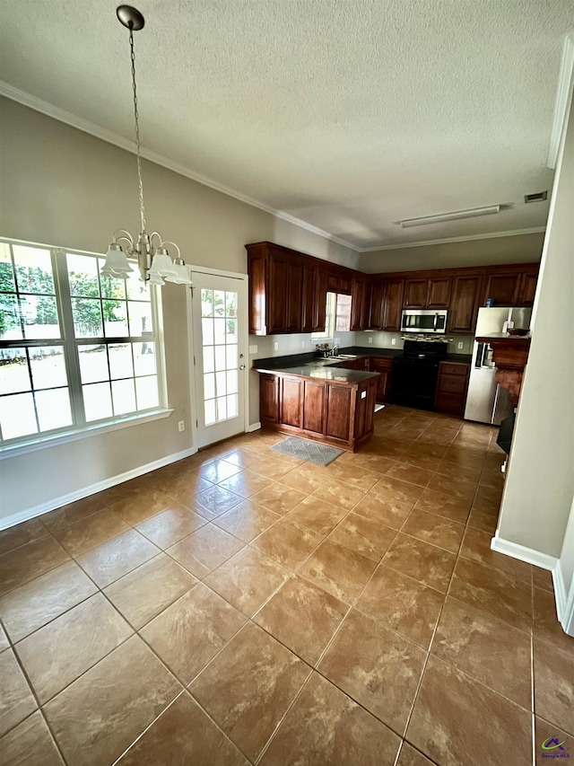 kitchen with stainless steel appliances, a chandelier, ornamental molding, and decorative light fixtures