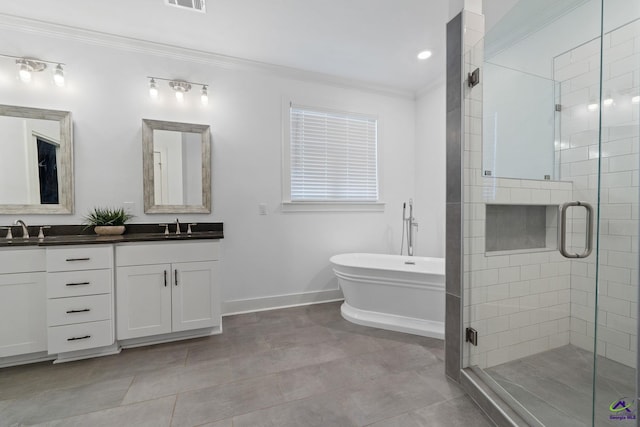 bathroom with independent shower and bath, crown molding, and vanity