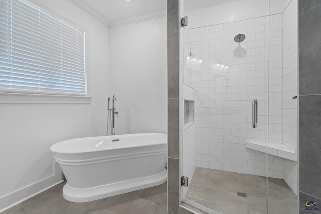 bathroom featuring crown molding and independent shower and bath