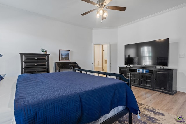 bedroom featuring crown molding, ensuite bath, ceiling fan, and light hardwood / wood-style flooring