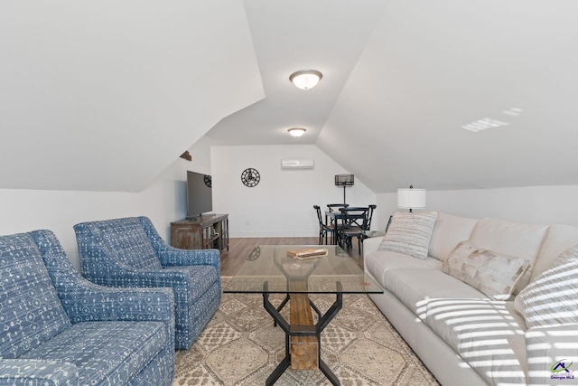 living room featuring lofted ceiling