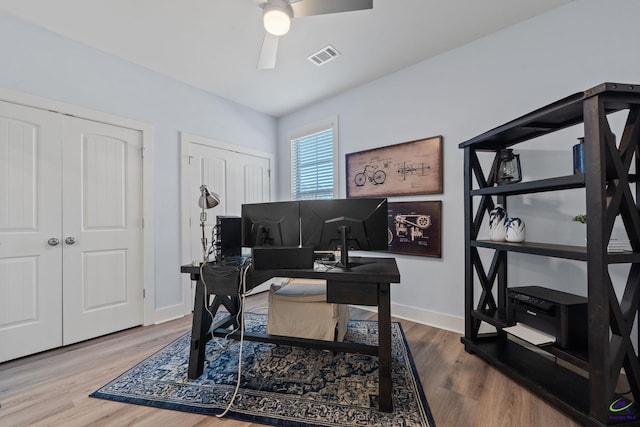 office with ceiling fan and hardwood / wood-style floors