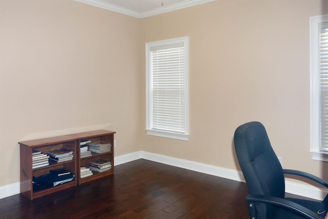 home office featuring ornamental molding and dark hardwood / wood-style flooring