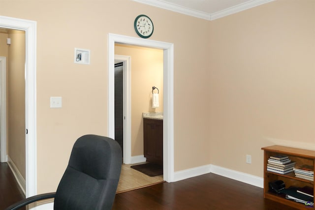 office featuring ornamental molding and dark hardwood / wood-style flooring