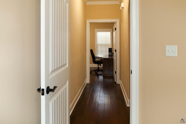 hall with ornamental molding and dark hardwood / wood-style floors