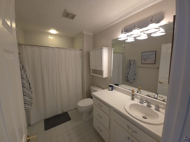 bathroom with toilet, crown molding, a shower with curtain, a textured ceiling, and vanity