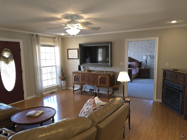 living room featuring crown molding, a fireplace, light hardwood / wood-style floors, and a textured ceiling