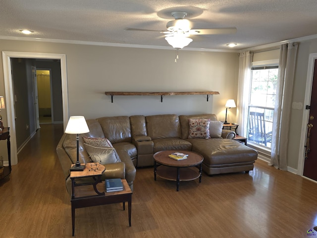 living room featuring a ceiling fan, crown molding, a textured ceiling, and wood finished floors