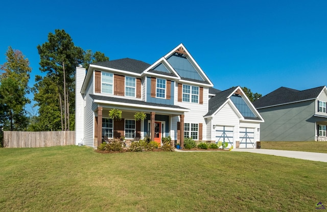 craftsman-style home featuring a garage, covered porch, and a front lawn