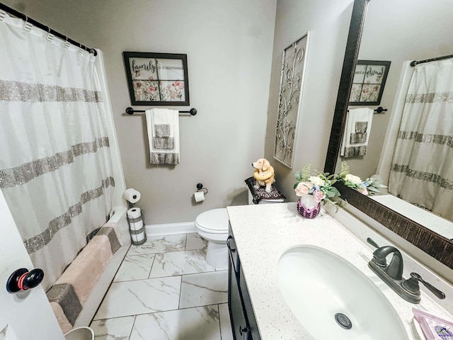 full bathroom with vanity, toilet, and shower / bath combo with shower curtain