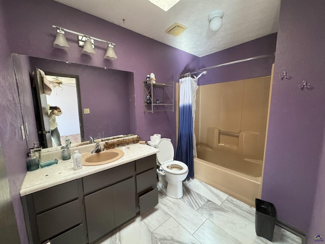 full bathroom featuring vanity, shower / bath combination with curtain, a textured ceiling, and toilet