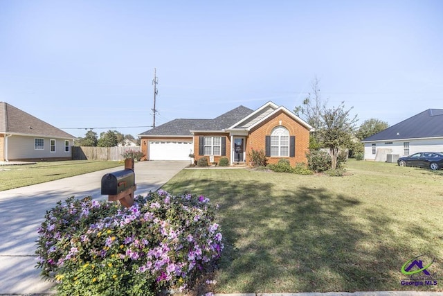 ranch-style home featuring a garage and a front lawn