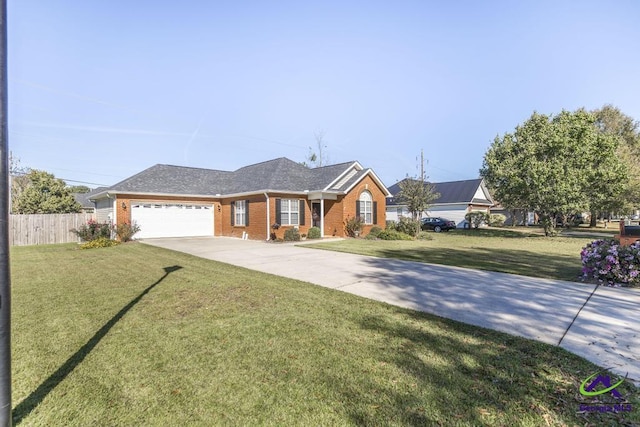 ranch-style house with a garage and a front yard