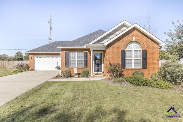 single story home with a garage and a front yard