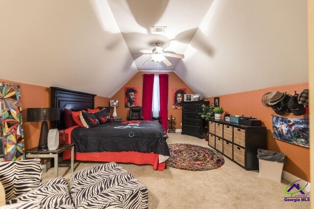 306 Lovorn Cir, Warner Robins, GA 31088 - bedroom featuring carpet floors, vaulted ceiling, and ceiling fan