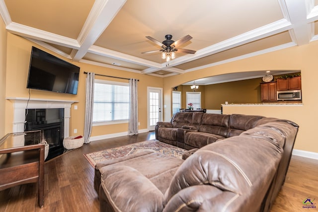 105 Reflection Dr, Bonaire, GA 31005 - living room with coffered ceiling, beam ceiling, crown molding, dark hardwood / wood-style flooring, and a fireplace