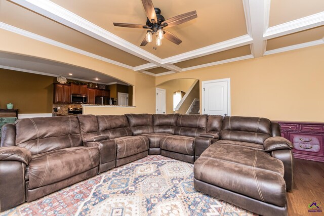 105 Reflection Dr, Bonaire, GA 31005 - living room with ornamental molding, coffered ceiling, hardwood / wood-style floors, and beam ceiling