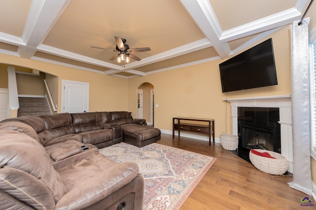 105 Reflection Dr, Bonaire, GA 31005 - living room featuring a tiled fireplace, crown molding, coffered ceiling, and beamed ceiling