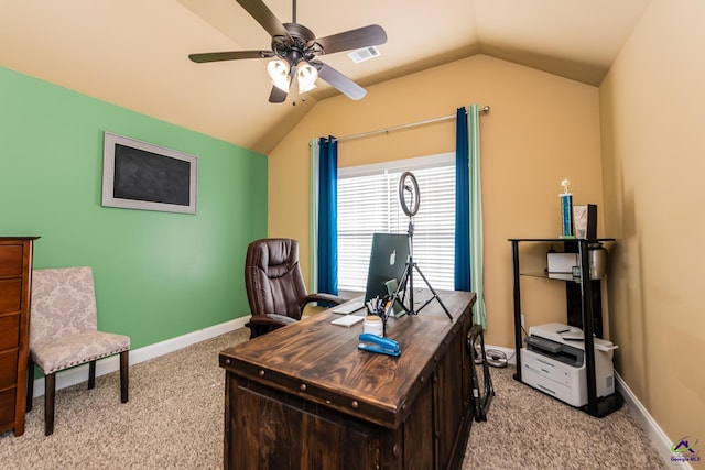 105 Reflection Dr, Bonaire, GA 31005 - office area featuring vaulted ceiling, light colored carpet, and ceiling fan