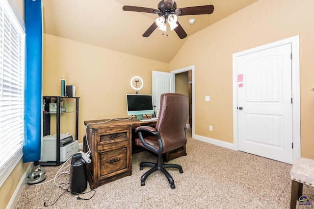 105 Reflection Dr, Bonaire, GA 31005 - office featuring light carpet, vaulted ceiling, and ceiling fan